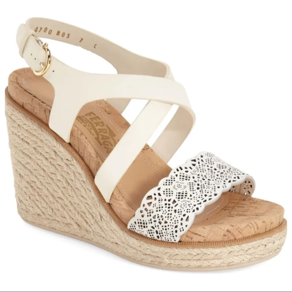 FERRAGAMO BISCOTTI WEDGE SANDAL.